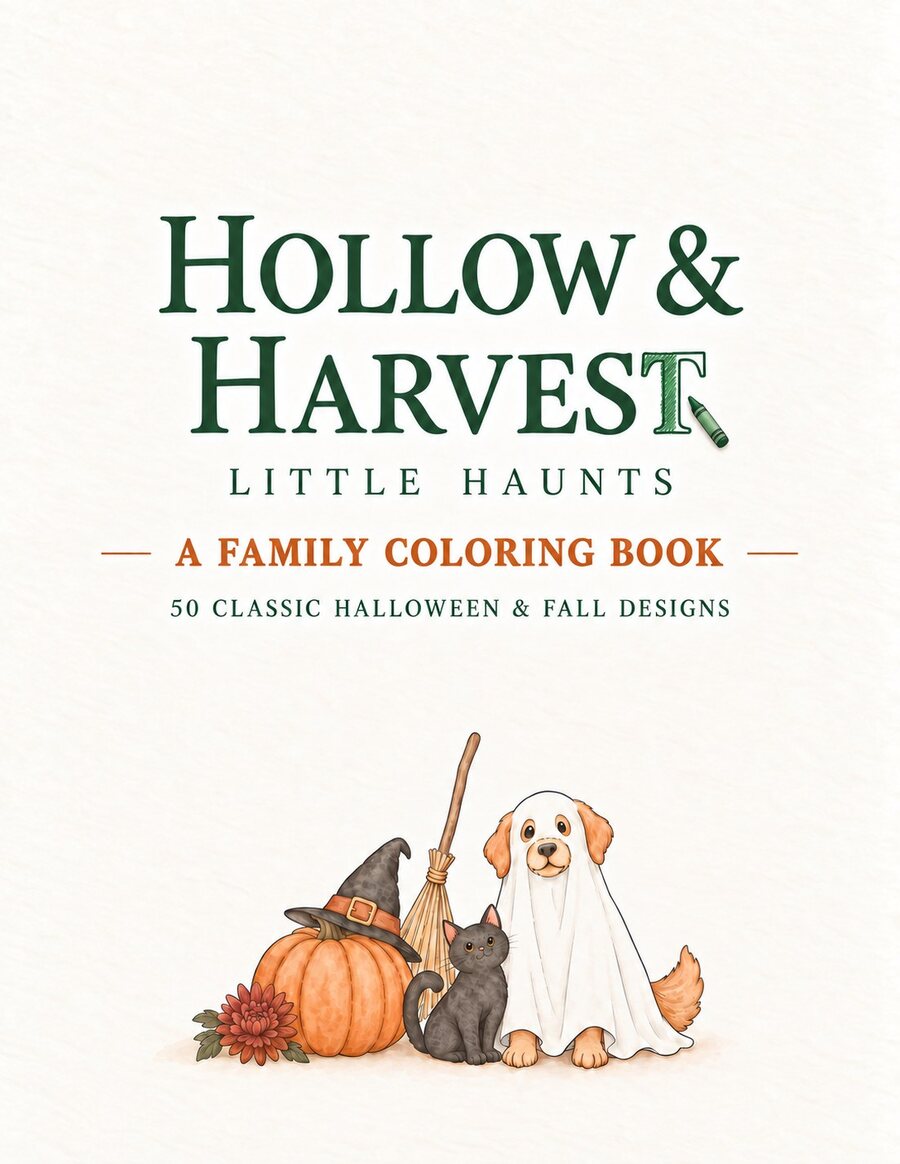 Published cover of Hollow and Harvest Little Haunts, a family Halloween and fall coloring book