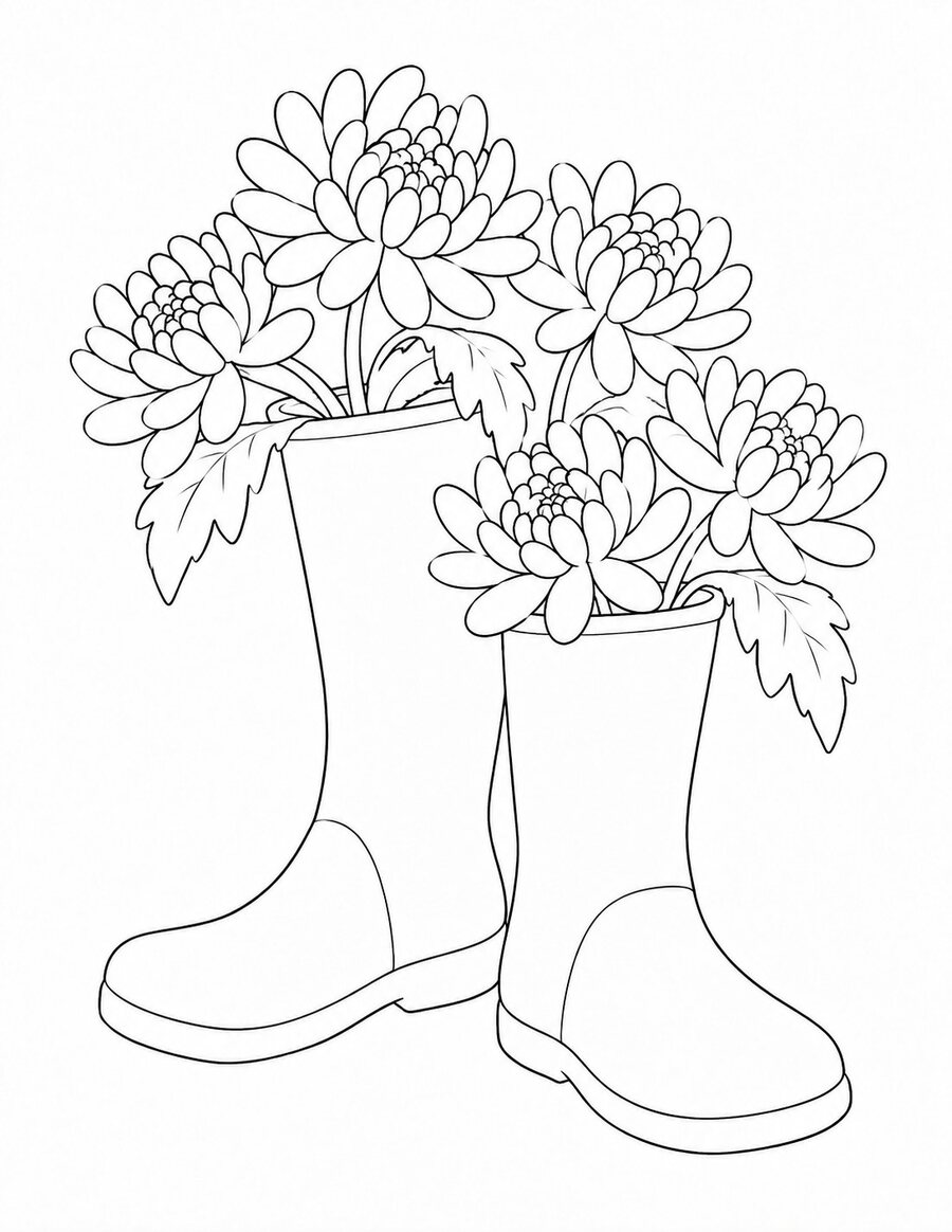 Rain boots filled with chrysanthemums fall coloring page