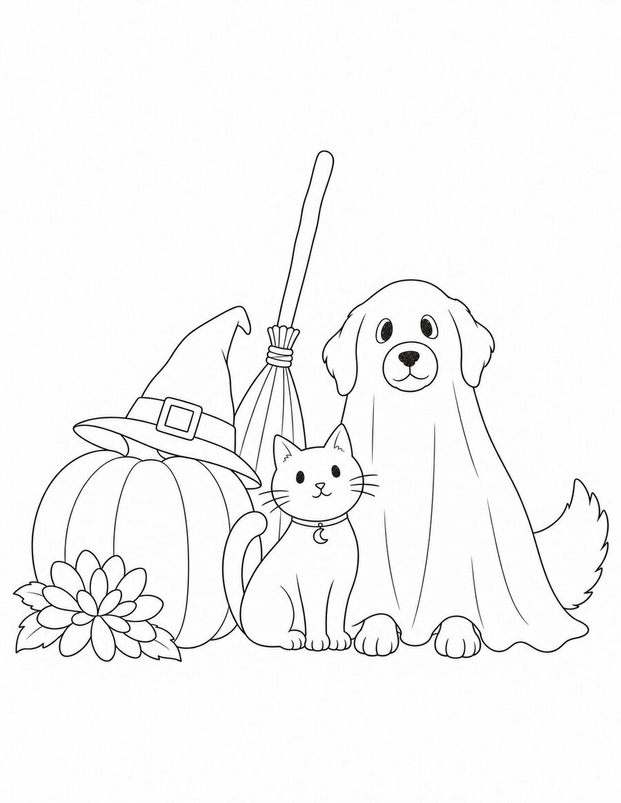 Ghost dog, black cat, pumpkin, witch hat, broom, and chrysanthemum coloring page