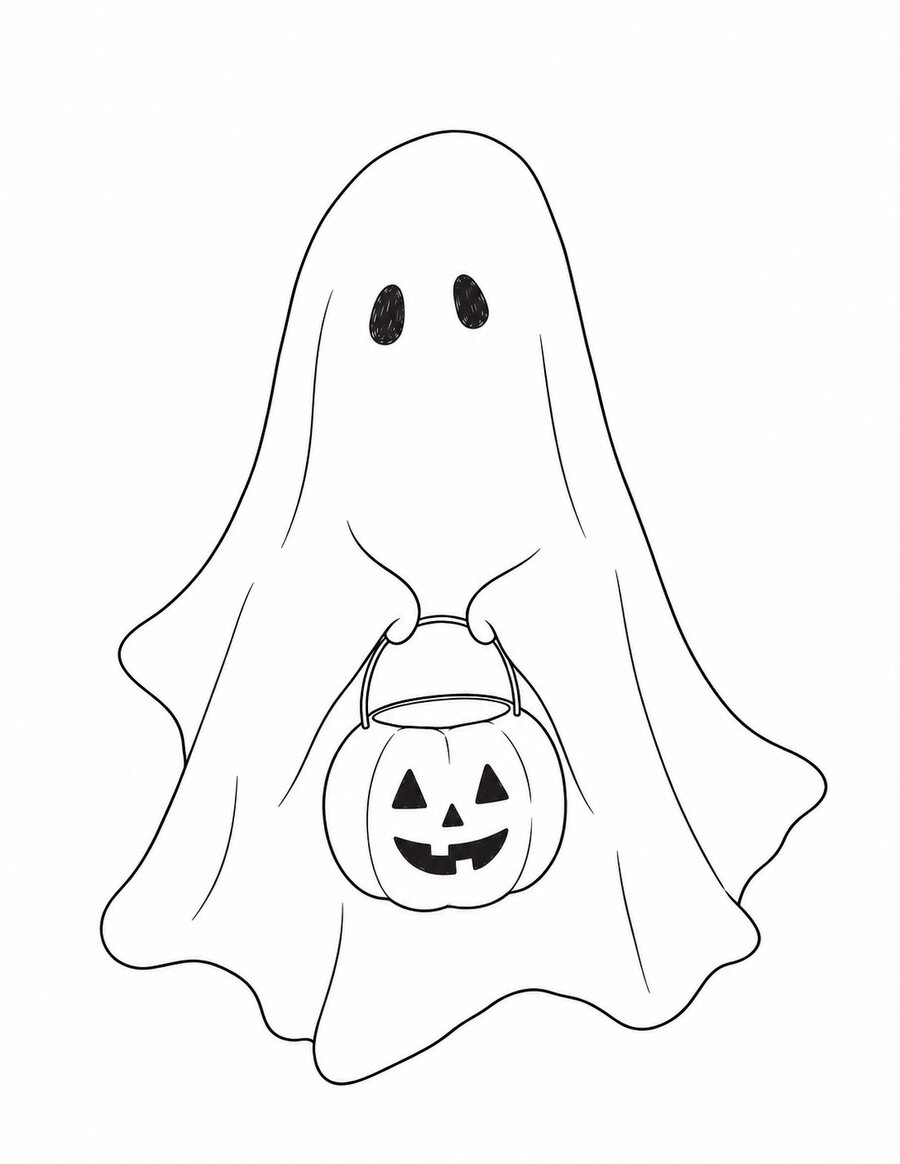 Friendly ghost holding a jack-o-lantern bucket coloring page