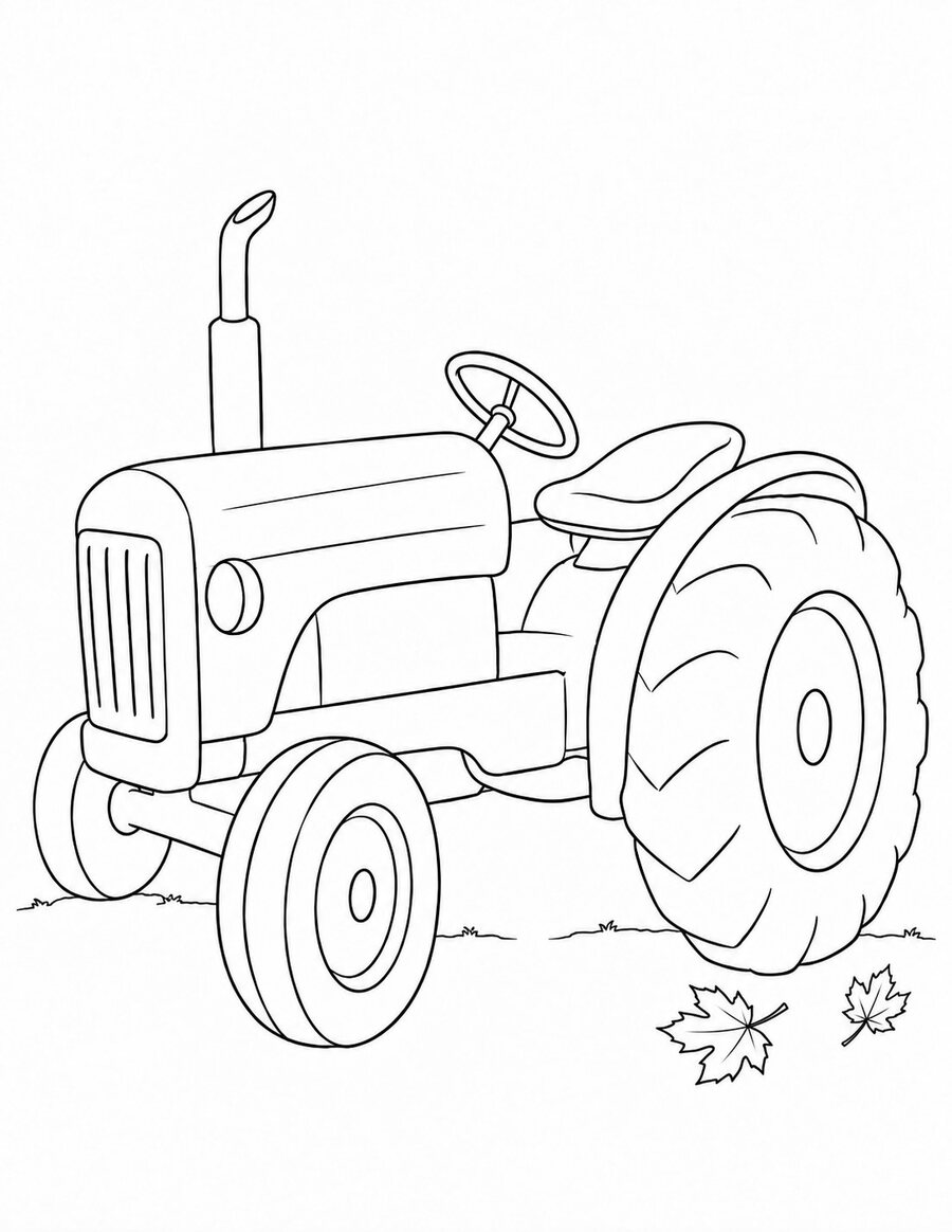 Vintage tractor with fallen leaves autumn coloring page